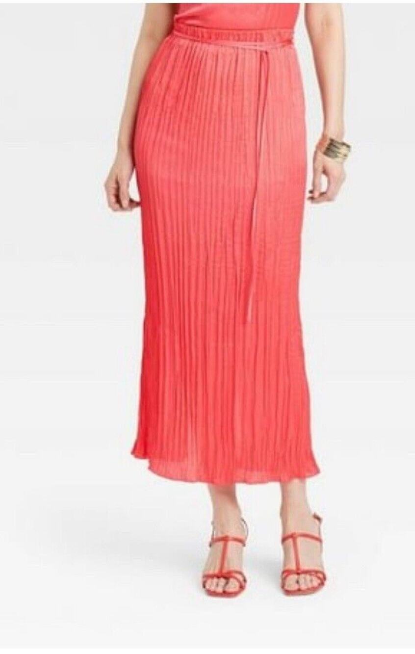 A New Day Women's Textured Crinkle Satin Midi Skirt Coral M NWT